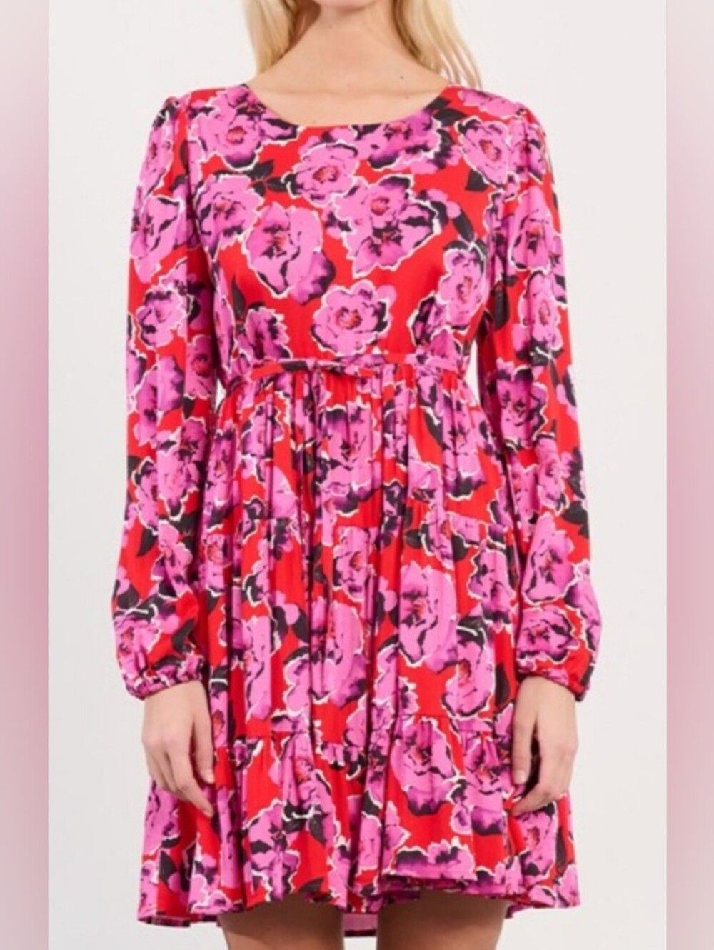 Lili Sidonio Women’s Pink Floral Long-Sleeve Tiered Dress Size S